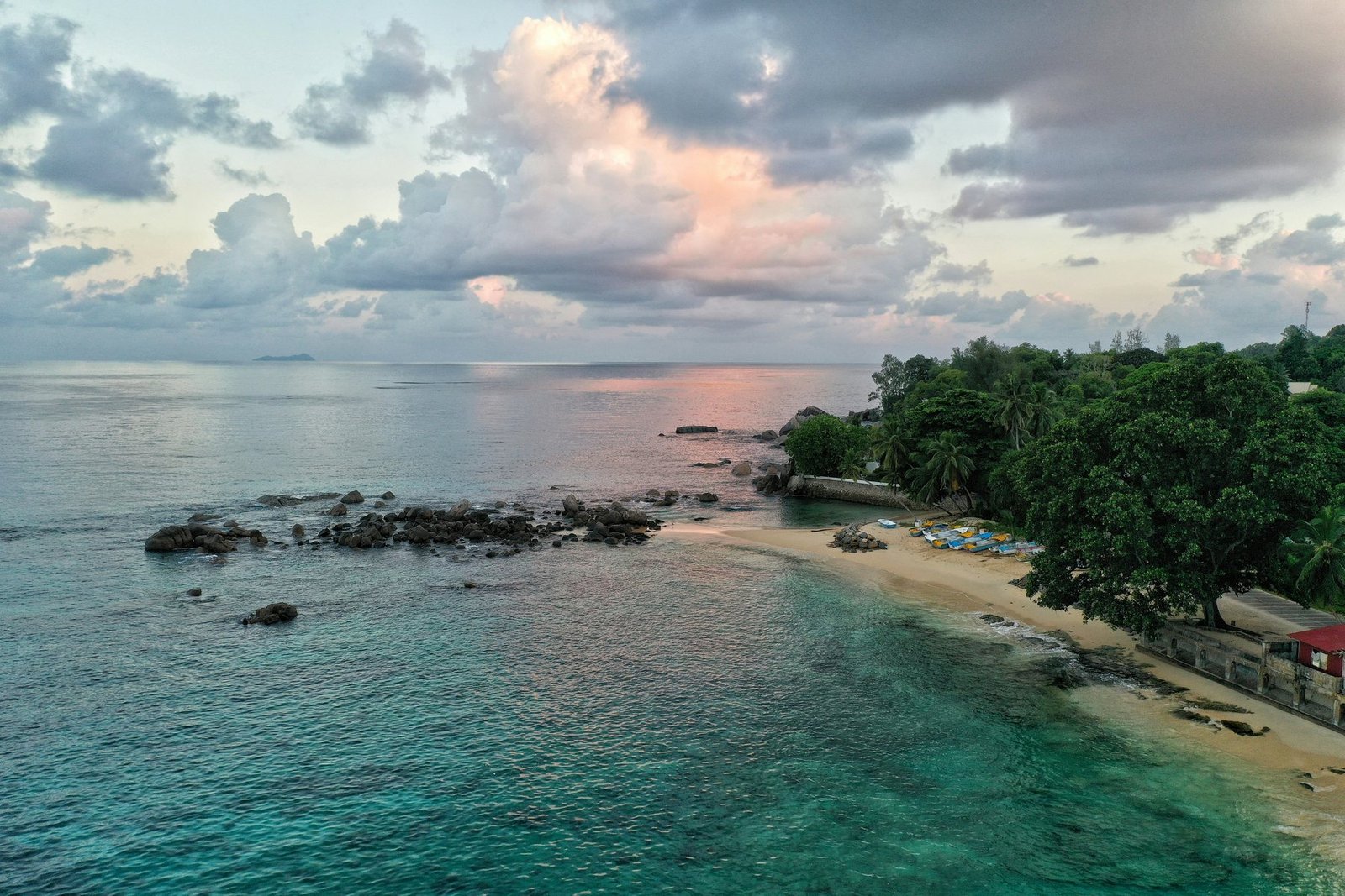 Aerial view of a tropical Seychelles shoreline
